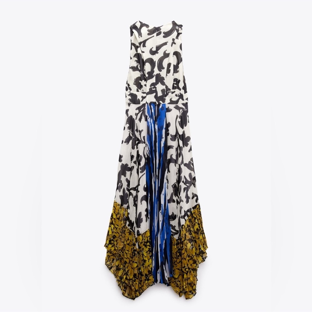 Zara Black & White Printed Midi Dress with Blue and Mustard Panels